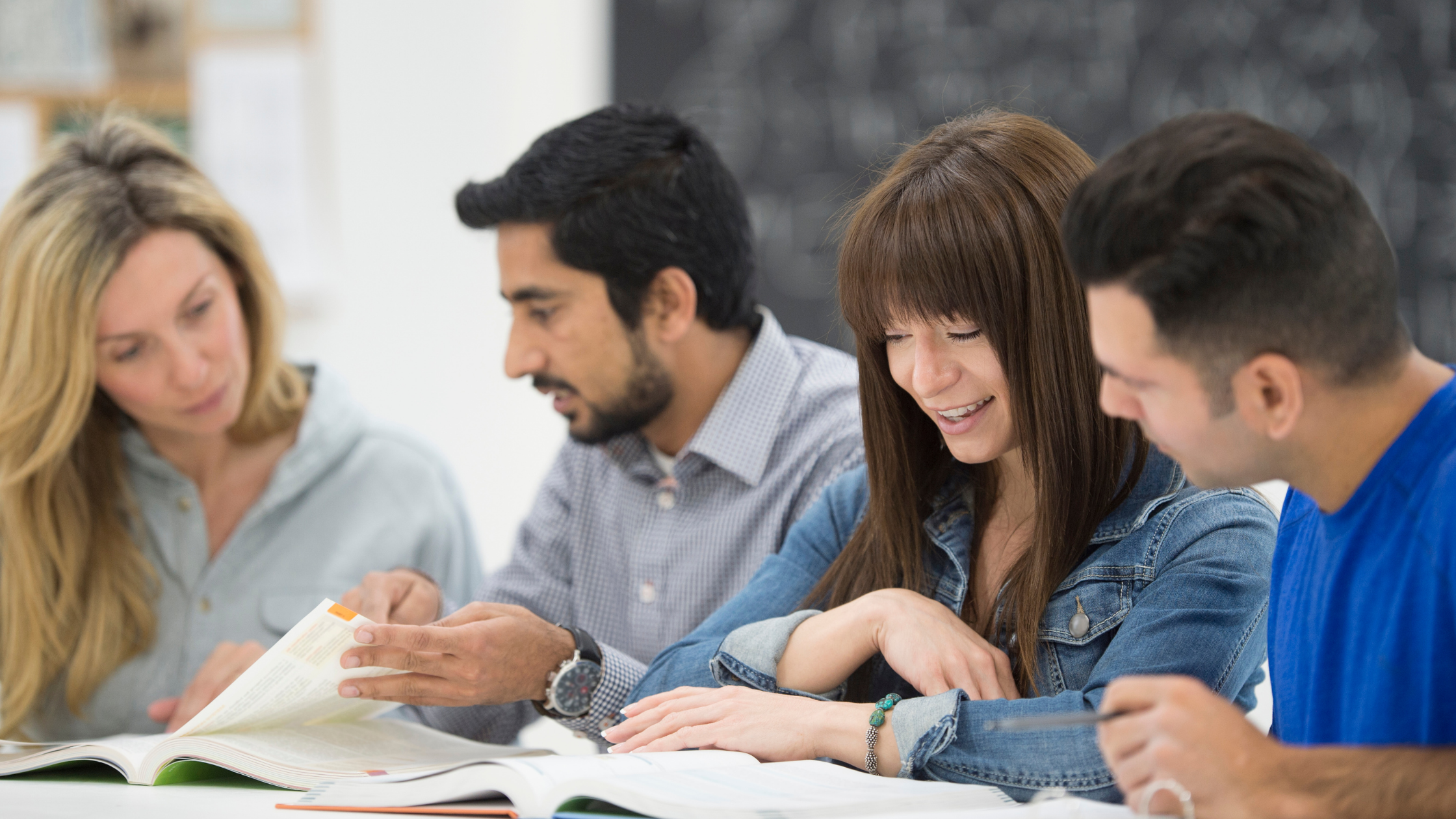 A group of students discussing work